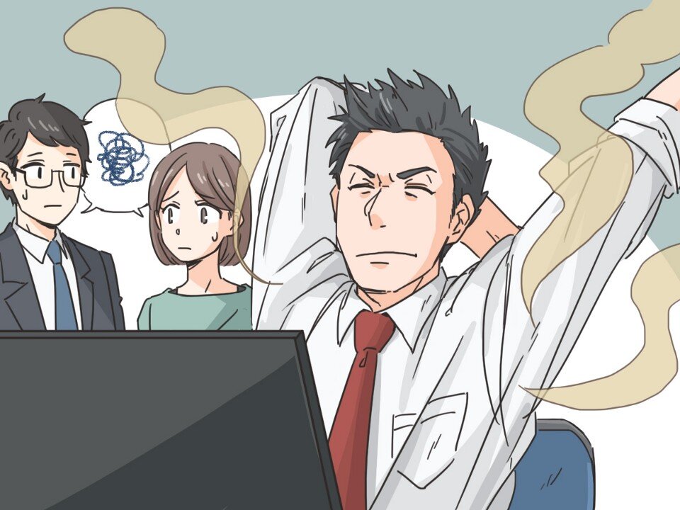 Manga illustration showing a Japanese man smelling bad