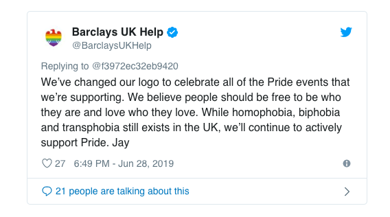 Barclays Pride Response Twitter
