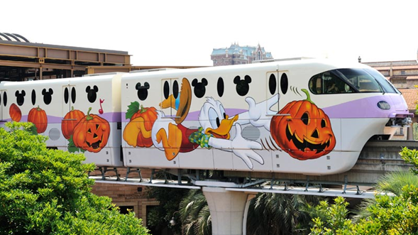 Tokyo Disney Resort Daffy Duck branded Halloween monorail train.