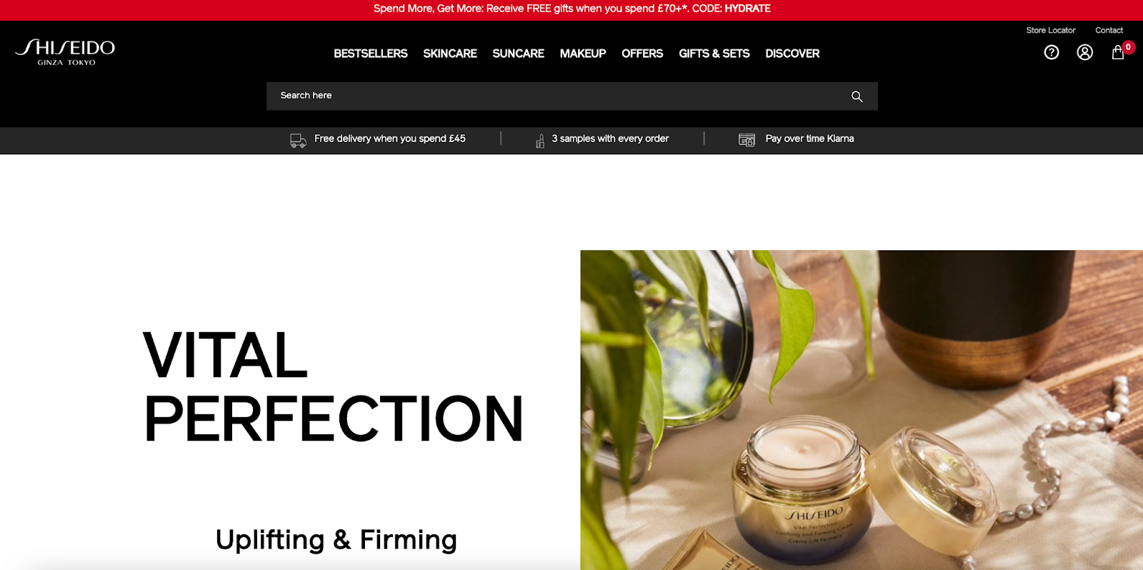 UK website homepage for Shiseido, the Japanese cosmetics company.