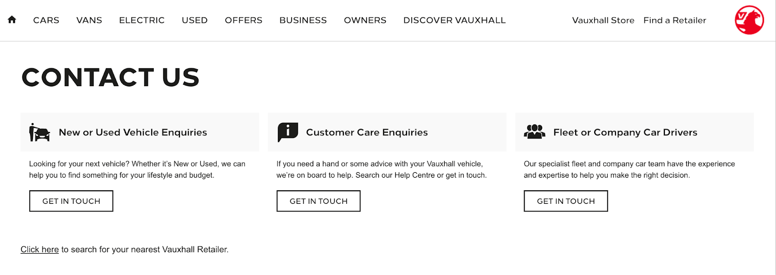 Contact section on the UK website for Vauxhall, the car company.