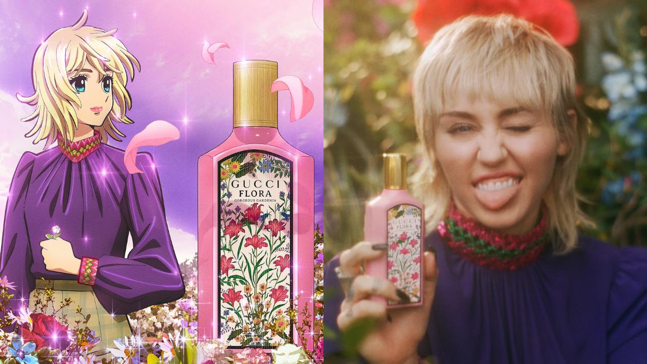 Miley Cyrus holds a bottle of Gucci Flora while standing next to a Japanese anime version of herself in this piece of Japanese advertising.