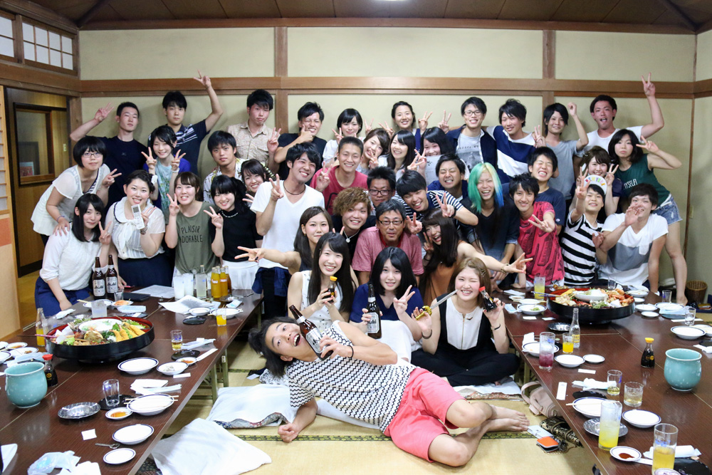 A seijinshiki party, with classmates and a teacher gathered together.