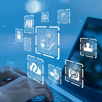 Businesswoman using a computer to document management concept, online documentation database and digital file storage system/software, records keeping, database technology, file access, doc sharing.