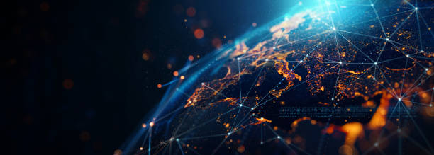dynamic digital world map emphasize AI powered global network and connectivity big data
